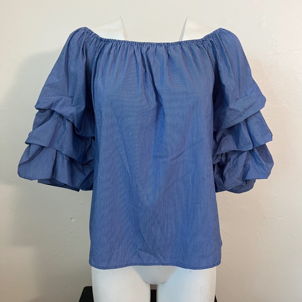 Zara Woman Blue White Pinstripe Off Shoulder Ruffle Tiered Sleeve Blouse Size M